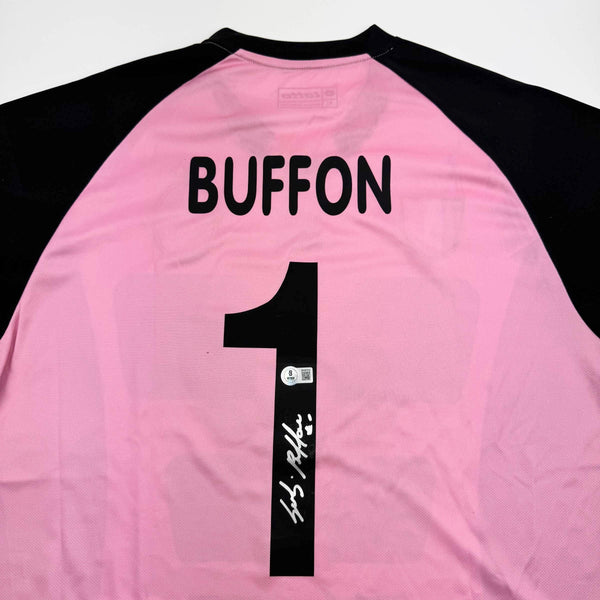 Autographed/Signed Gianluigi Buffon Juventus Pink Soccer Jersey Beckett BAS COA