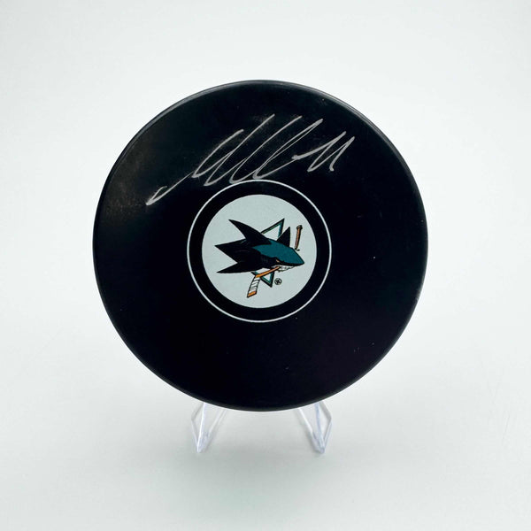 Autographed/Signed Macklin Celebrini San Jose Sharks Logo Hockey Puck Fanatics COA
