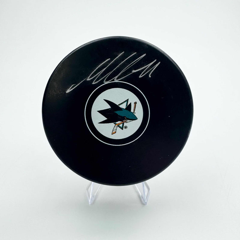 Autographed/Signed Macklin Celebrini San Jose Sharks Logo Hockey Puck Fanatics COA