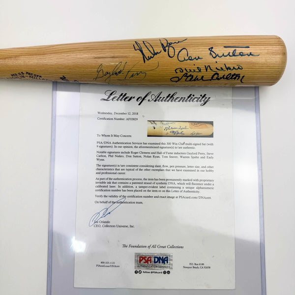 RARE 300 Win Club 9 Sigs Autographed/Signed Baseball Bat Tom Seaver, Nolan Ryan, Clemens, Sutton, Carlton, Niekro, Perry, Spahn & Wynn PSA/DNA
