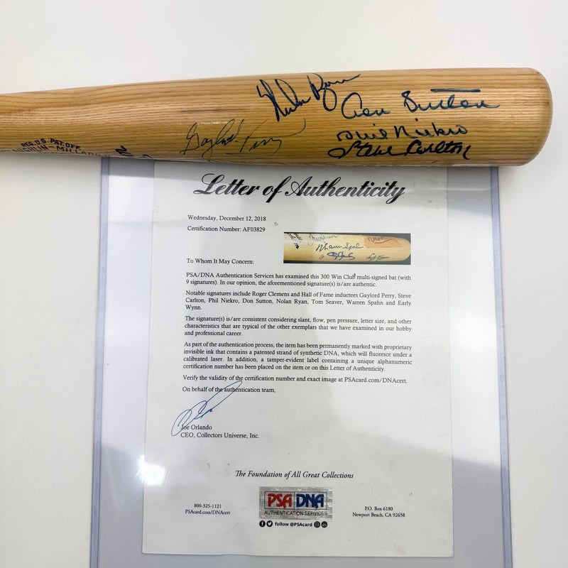 RARE 300 Win Club 9 Sigs Autographed/Signed Baseball Bat Tom Seaver, Nolan Ryan, Clemens, Sutton, Carlton, Niekro, Perry, Spahn & Wynn PSA/DNA