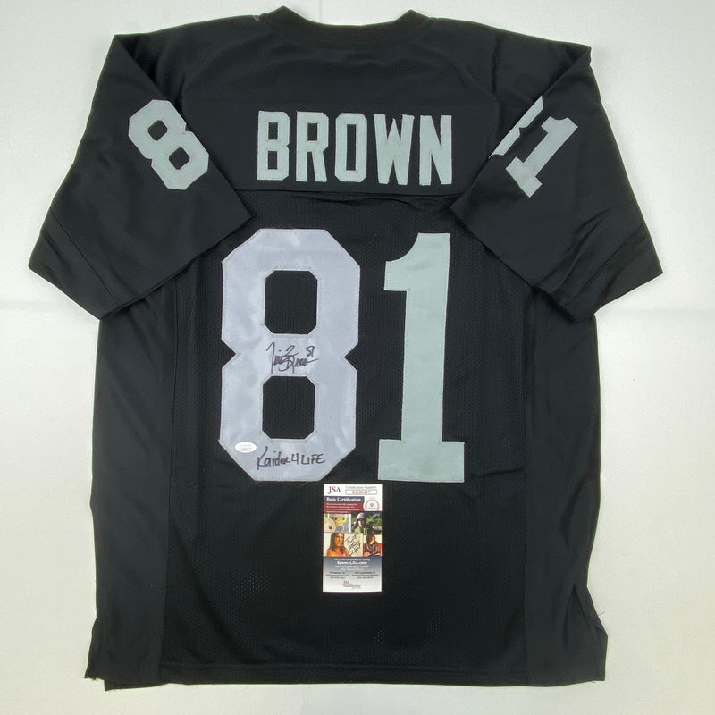 Autographed/Signed Tim Brown Raider 4 Life Oakland Black Football Jersey JSA COA