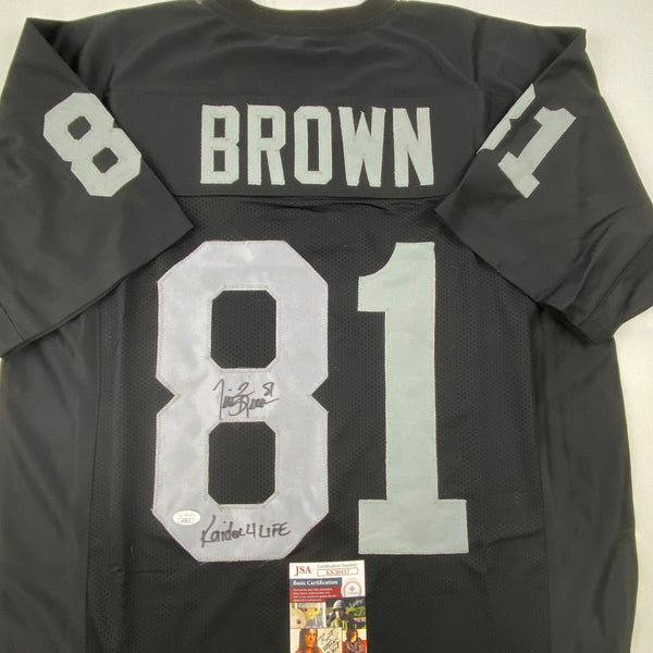 Autographed/Signed Tim Brown Raider 4 Life Oakland Black Football Jersey JSA COA