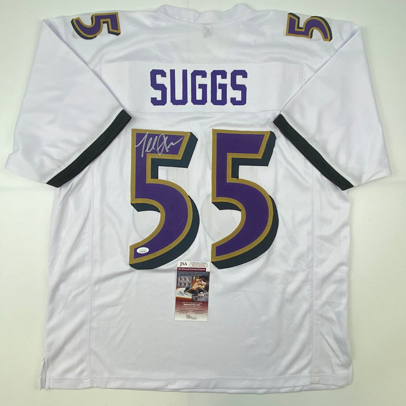 Autographed/Signed Terrell Suggs Baltimore White Football Jersey JSA COA