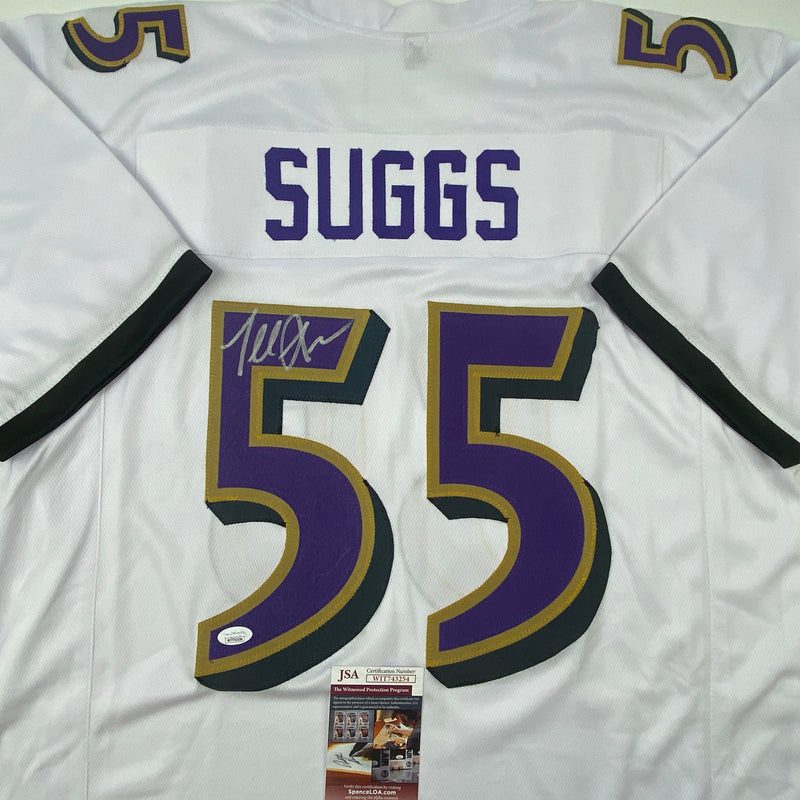 Autographed/Signed Terrell Suggs Baltimore White Football Jersey JSA COA
