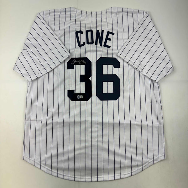 Autographed/Signed David Cone New York Pinstripe Baseball Jersey Beckett BAS COA