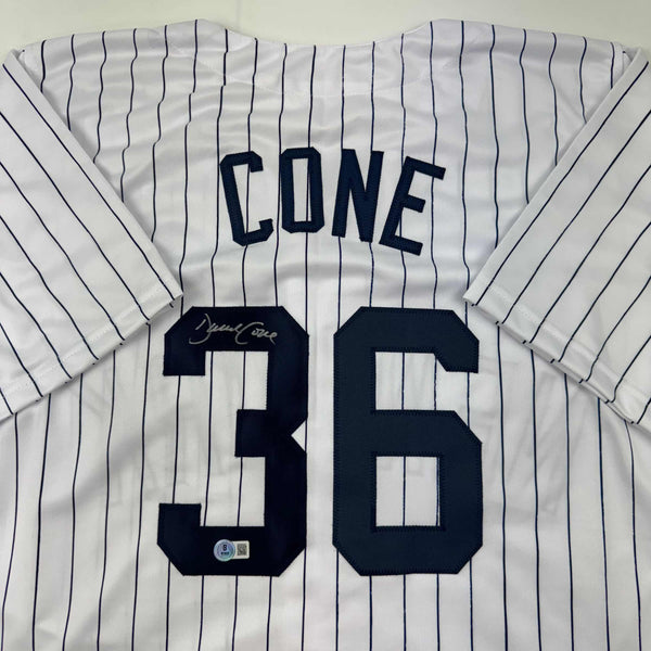 Autographed/Signed David Cone New York Pinstripe Baseball Jersey Beckett BAS COA