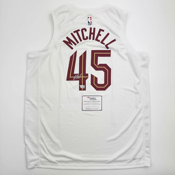 Autographed/Signed Donovan Mitchell Cleveland Cavaliers White Basketball Jersey Fanatics COA
