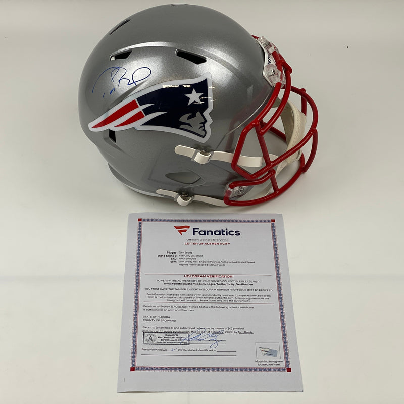 Autographed/Signed Tom Brady New England Patriots Full Size FS F/S Speed Replica Football Helmet Fanatics COA/LOA
