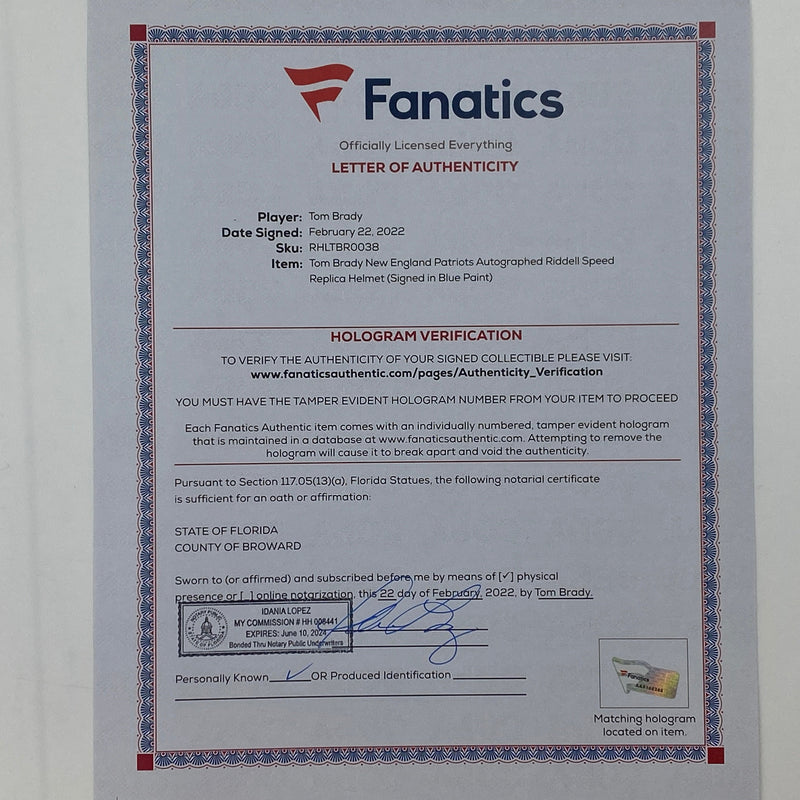 Autographed/Signed Tom Brady New England Patriots Full Size FS F/S Speed Replica Football Helmet Fanatics COA/LOA