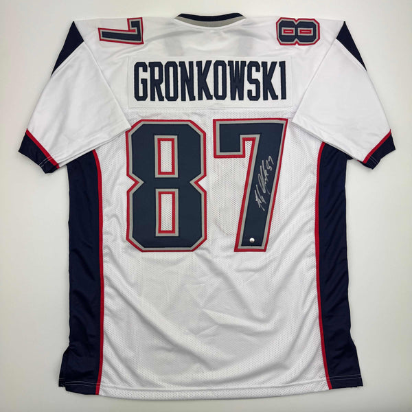 Autographed/Signed Rob Gronkowski New England White Football Jersey Steiner COA