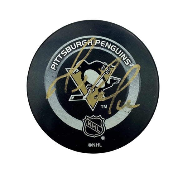 Autographed/Signed Mario Lemieux Pittsburgh Penguins Logo Hockey Puck JSA COA