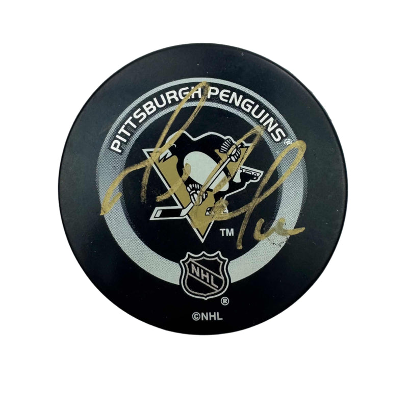 Autographed/Signed Mario Lemieux Pittsburgh Penguins Logo Hockey Puck JSA COA