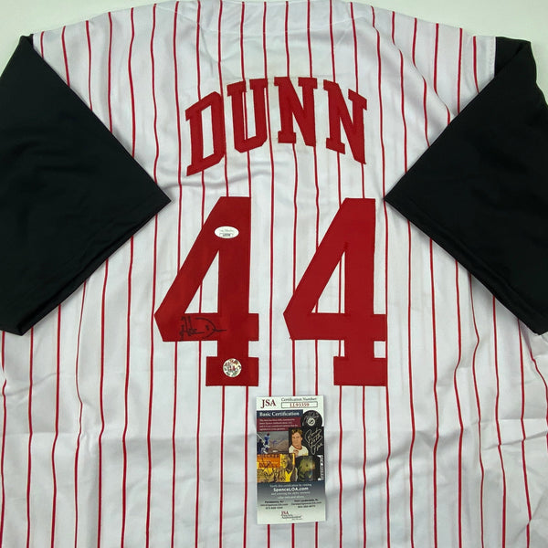 Autographed/Signed Adam Dunn Cincinnati Pinstripe Baseball Jersey JSA COA