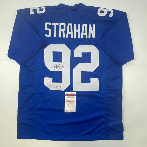 Autographed/Signed Michael Strahan HOF 14 New York Blue Football Jersey JSA COA