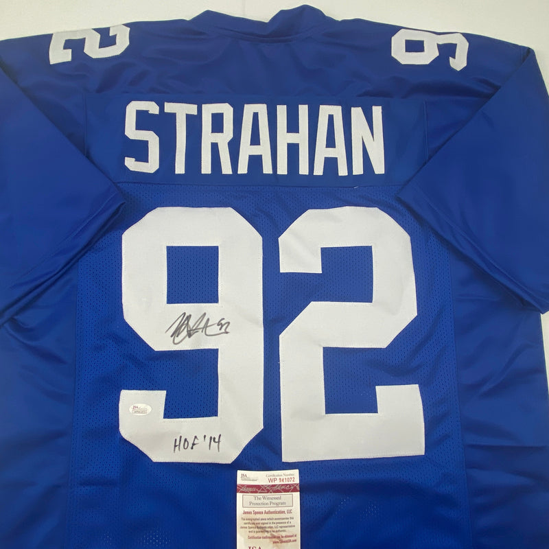 Autographed/Signed Michael Strahan HOF 14 New York Blue Football Jersey JSA COA