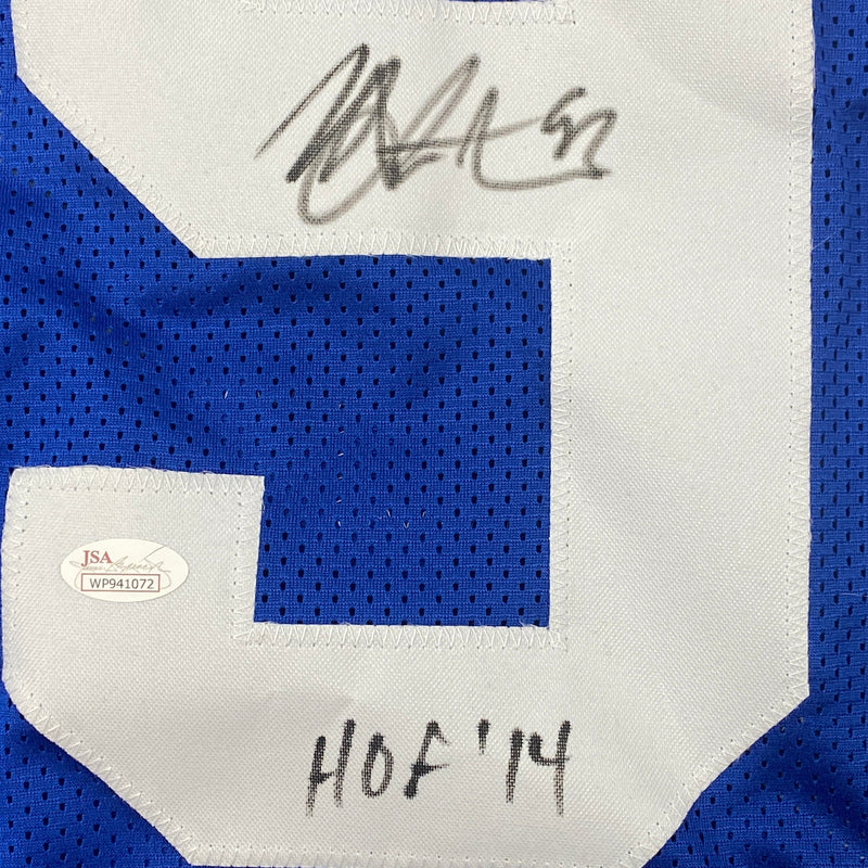 Autographed/Signed Michael Strahan HOF 14 New York Blue Football Jersey JSA COA
