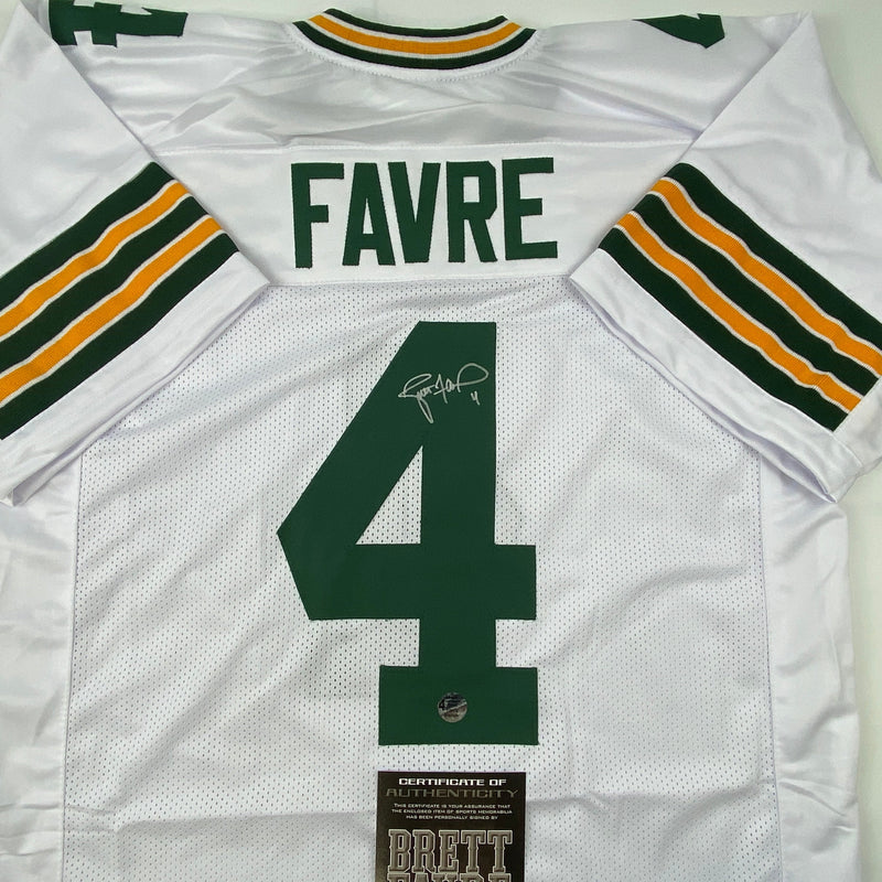 Autographed/Signed Brett Favre Green Bay White Football Jersey Favre Hologram COA