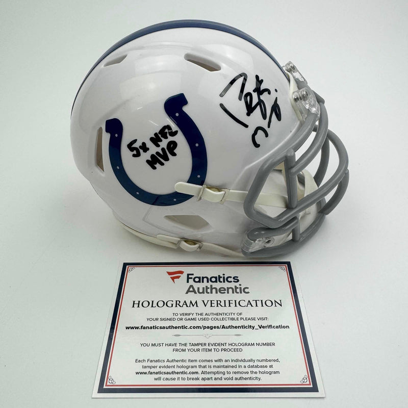 Autographed/Signed Peyton Manning "5x NFL MVP" Indianapolis Colts Mini Football Helmet Fanatics COA