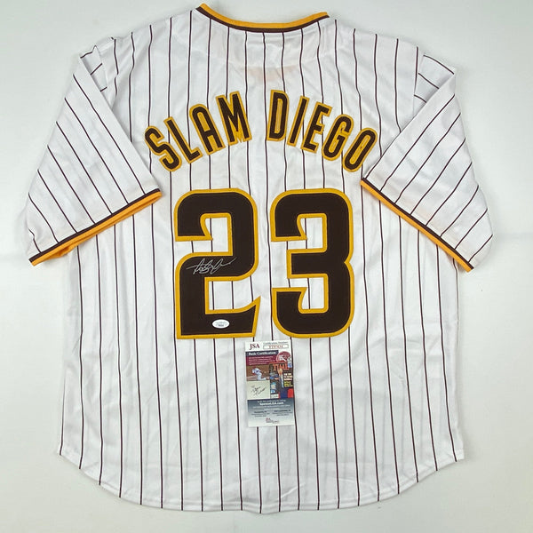 Autographed/Signed Fernando Tatis Jr. Slam Diego San Pinstripe Baseball Jersey JSA COA