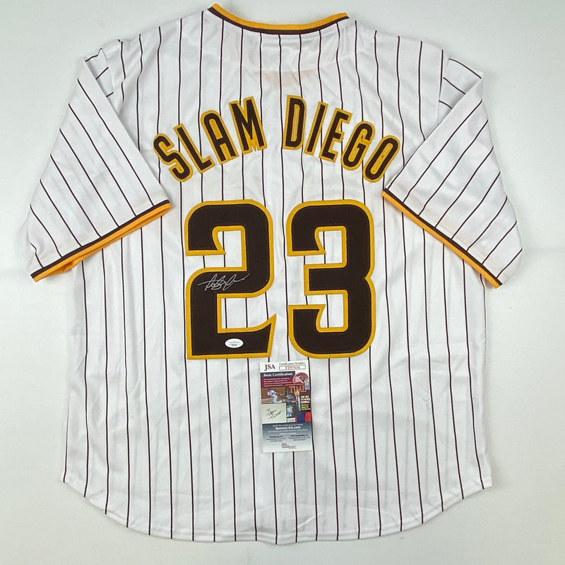 Autographed/Signed Fernando Tatis Jr. Slam Diego San Pinstripe Baseball Jersey JSA COA