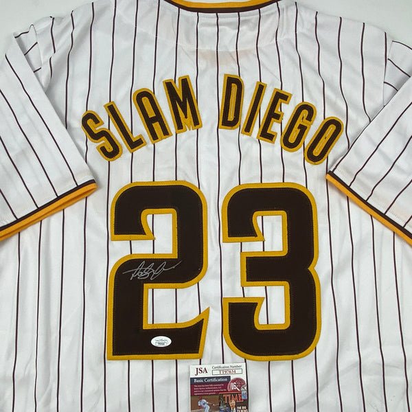 Autographed/Signed Fernando Tatis Jr. Slam Diego San Pinstripe Baseball Jersey JSA COA