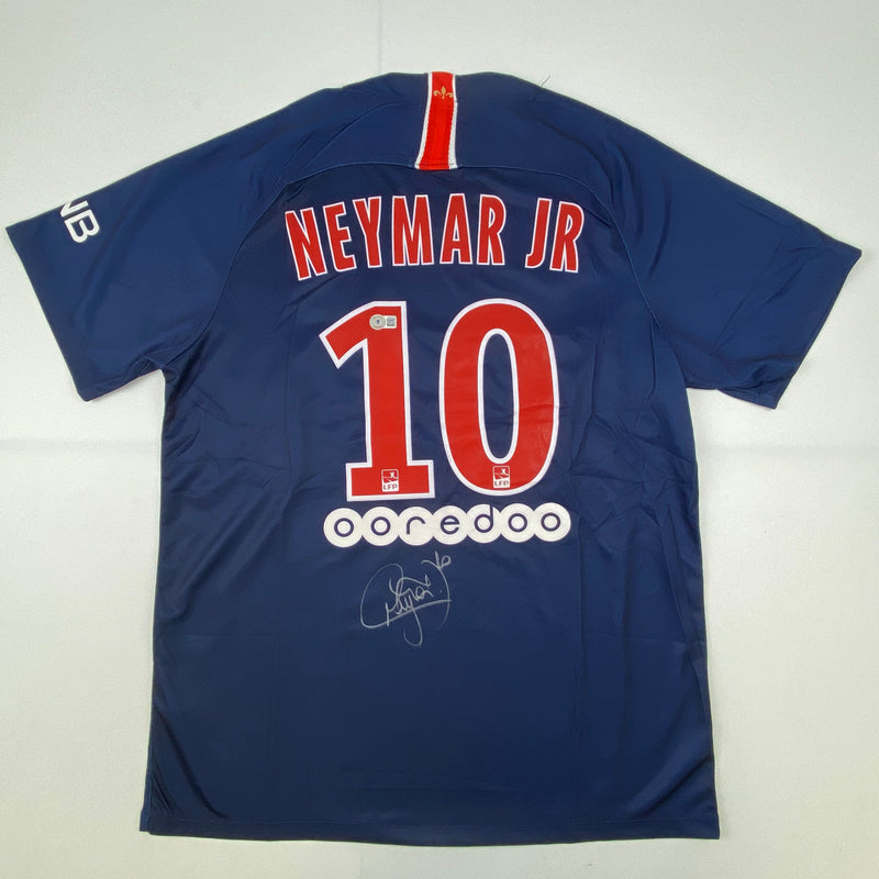 Autographed/Signed Neymar Jr. PSG Paris Saint-Germain Blue Soccer Futbol Jersey Beckett BAS COA