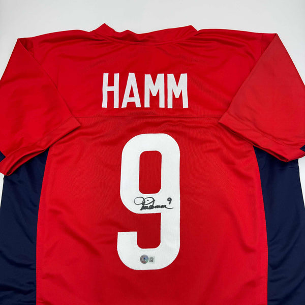Autographed/Signed Mia Hamm Red Soccer Team USA United States World Cup Jersey Beckett BAS COA