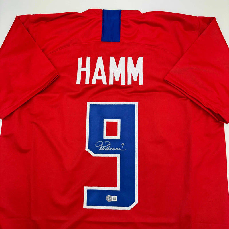 Autographed/Signed Mia Hamm Red Soccer Team USA United States World Cup Jersey Beckett BAS COA