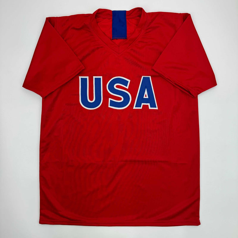 Autographed/Signed Mia Hamm Red Soccer Team USA United States World Cup Jersey Beckett BAS COA