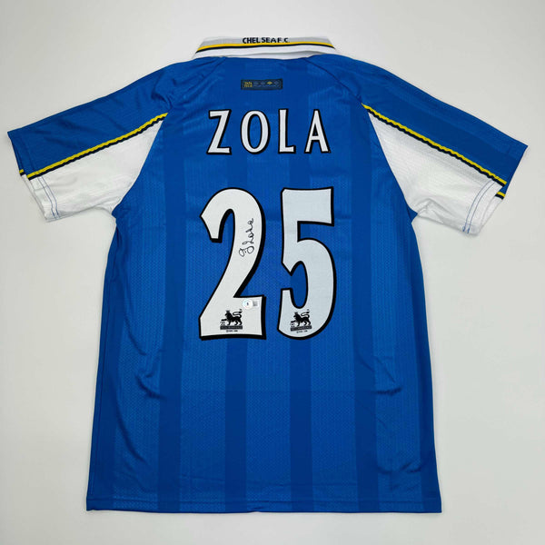 Autographed/Signed Gianfranco Zola Chelsea FC Blue Soccer Futbol Jersey Beckett BAS COA