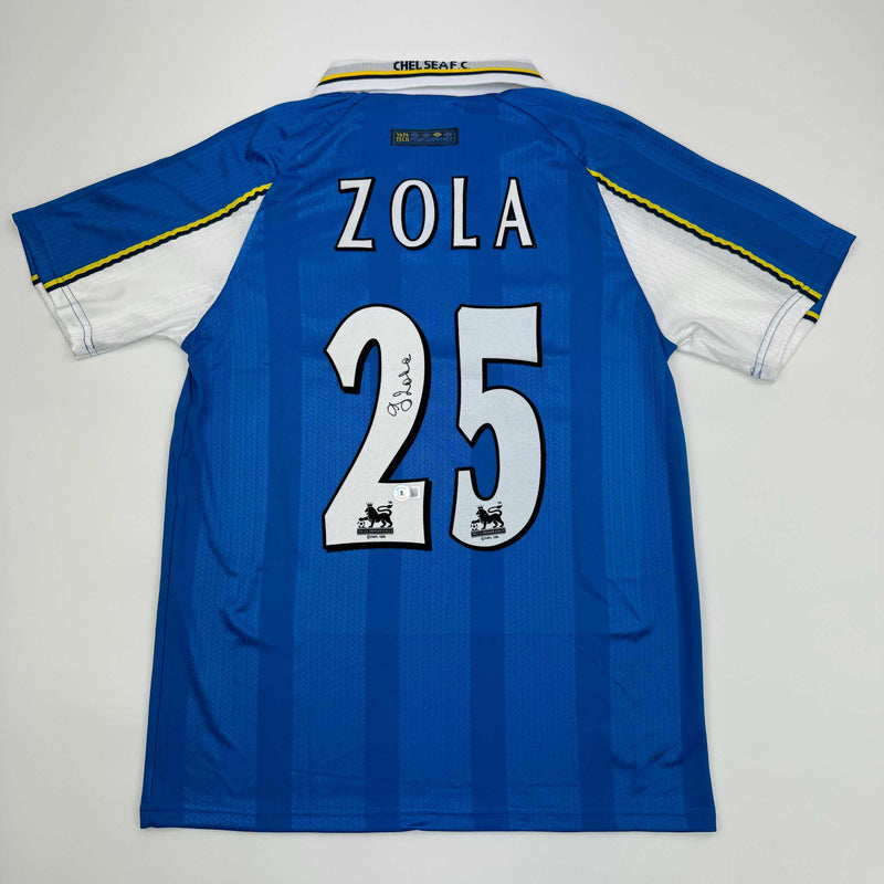 Autographed/Signed Gianfranco Zola Chelsea FC Blue Soccer Futbol Jersey Beckett BAS COA