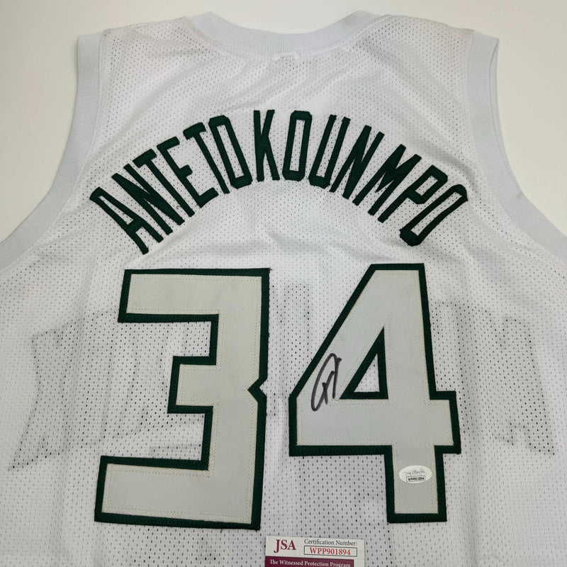 Autographed/Signed Giannis Antetokounmpo Milwaukee White Basketball Jersey JSA COA #2