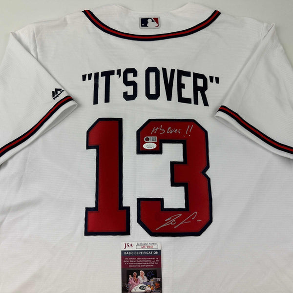 Autographed/Signed Ronald Acuna Jr. It's Over Majestic Atlanta Braves White Baseball Jersey JSA COA