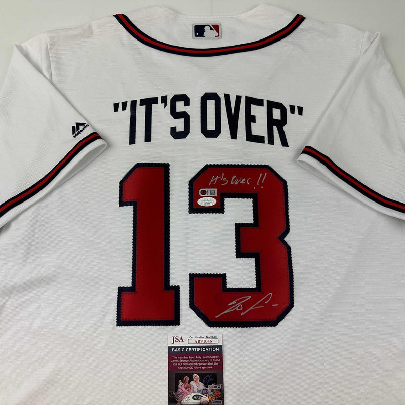 Autographed/Signed Ronald Acuna Jr. It's Over Majestic Atlanta Braves White Baseball Jersey JSA COA