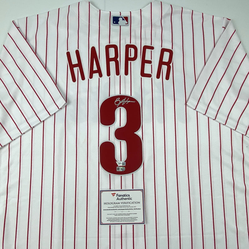 Autographed/Signed Bryce Harper Philadelphia Phillies Pinstripe Replica Baseball Jersey Fanatics & MLB COA