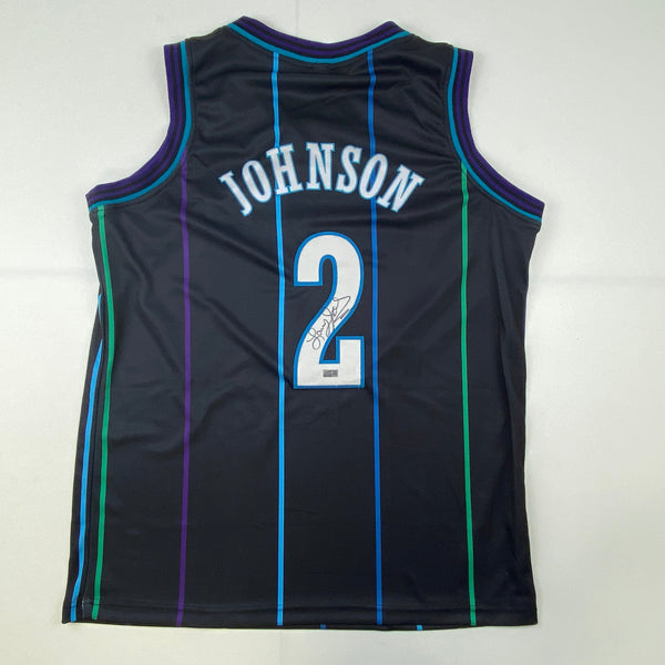 Autographed/Signed Larry Johnson Charlotte Black Basketball Jersey Steiner COA