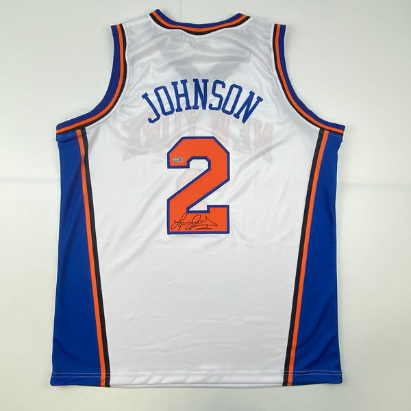 Autographed/Signed Larry Johnson New York White Basketball Jersey Steiner COA