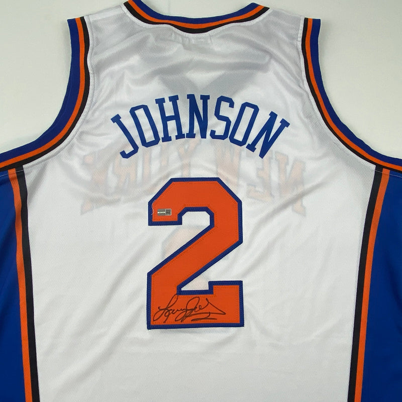 Autographed/Signed Larry Johnson New York White Basketball Jersey Steiner COA