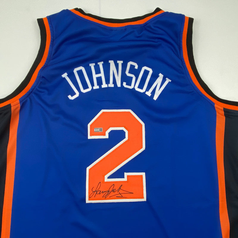 Autographed/Signed Larry Johnson New York Blue Basketball Jersey Steiner COA