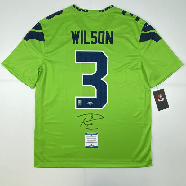 Autographed/Signed Russell Wilson Seattle Seahawks Green Color Rush Authentic Football Jersey Beckett BAS COA