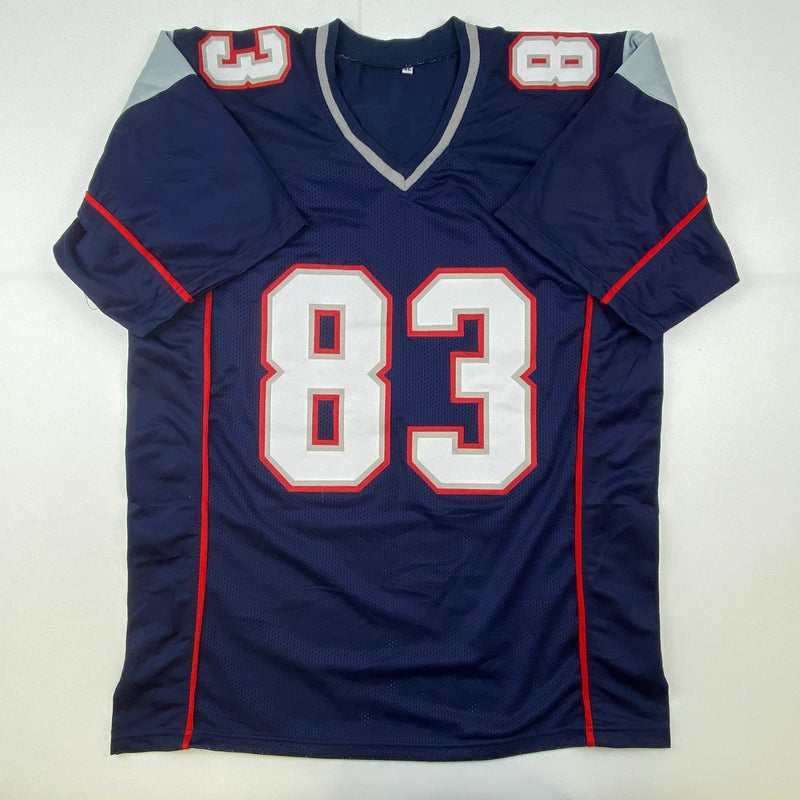 Autographed/Signed Wes Welker New England Blue Football Jersey Beckett BAS COA