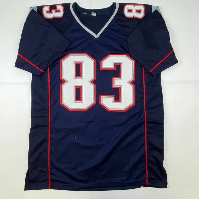 Autographed/Signed Deion Branch #83 New England Blue Football Jersey JSA COA