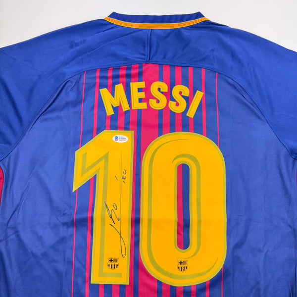 Autographed/Signed Lionel Leo Messi FC Barcelona Blue Soccer Jersey Beckett BAS COA Auto