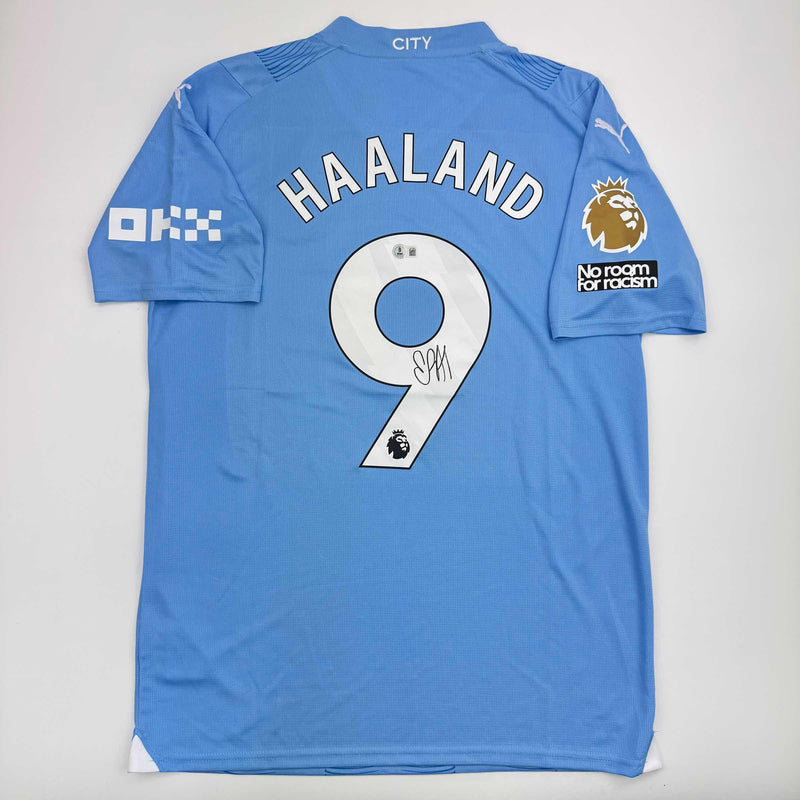 Autographed/Signed Erling Haaland Manchester City Blue Soccer Futbol Jersey Beckett BAS COA