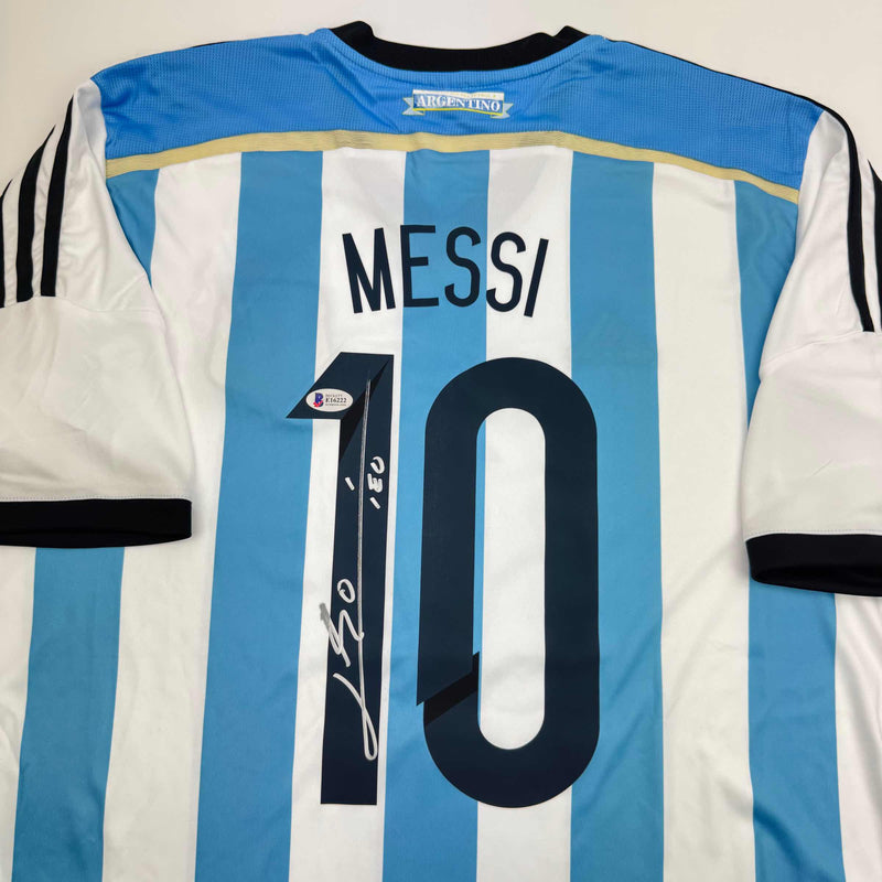 Autographed/Signed Lionel Leo Messi Argentina Blue/White Soccer Jersey Beckett BAS COA