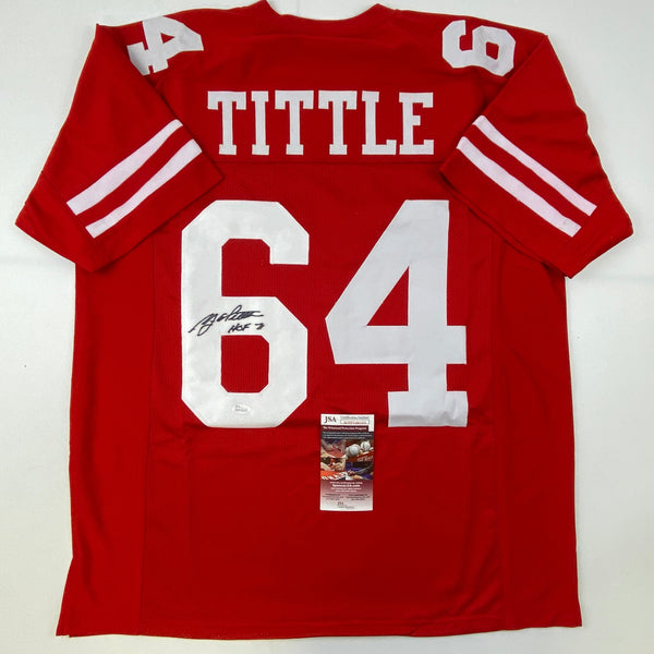 Autographed/Signed YA Y.A. Tittle HOF 71 #64 San Francisco Red Football Jersey JSA COA