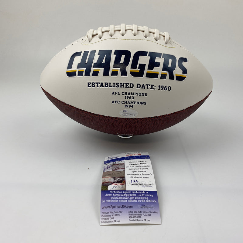 Autographed/Signed Mike Williams Los Angeles Chargers Full Size White Panel Logo Football JSA COA