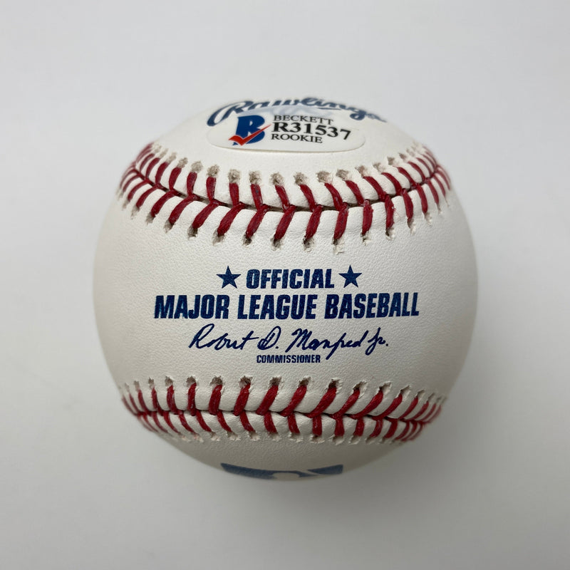 Autographed/Signed Jo Adell 2017 1st Round Pick Rawlings Official Major League Baseball ROML Beckett BAS COA Auto