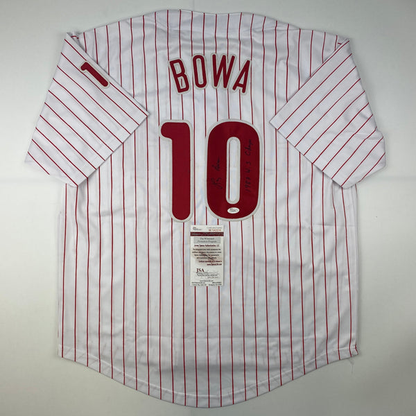 Autographed/Signed Larry Bowa 1980 WS Champs Philadelphia Pinstripe Baseball Jersey JSA COA